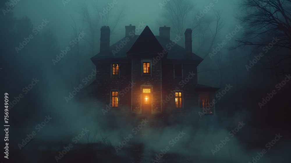 Haunted House: Creepy Atmosphere and Spooky Interior, Haunted Mansion Horror Illustration, Halloween Scary Haunted House Scene, Generative Ai