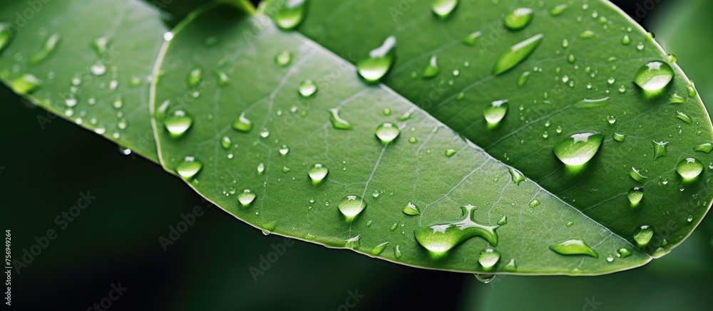 A macro shot of a vibrant green leaf covered in glistening water droplets, showcasing the beauty of moisture on a terrestrial plant A macro shot of a vibrant green leaf covered in glistening water droplets, showcasing the beauty of moisture on a terrestrial plant