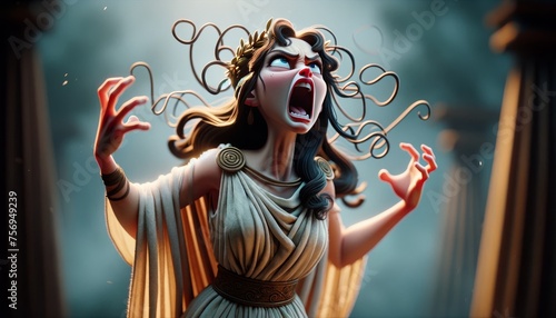 A whimsical, animated art style image capturing Electra's fury, set within the context of Greek mythology.