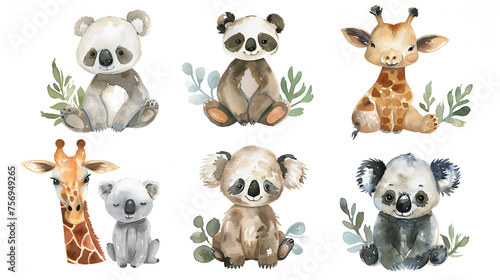 Watercolor Animals Character Collection: Panda and Sloth Illustration Set, Cute Wildlife Drawings with Colorful Watercolor Technique, Generative Ai