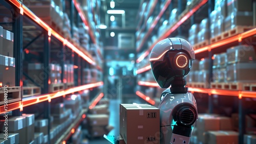 Robot with package in futuristic warehouse, red laser shelves