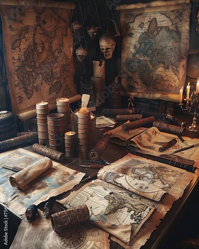 A fantasy map makers studio filled with scrolls photo