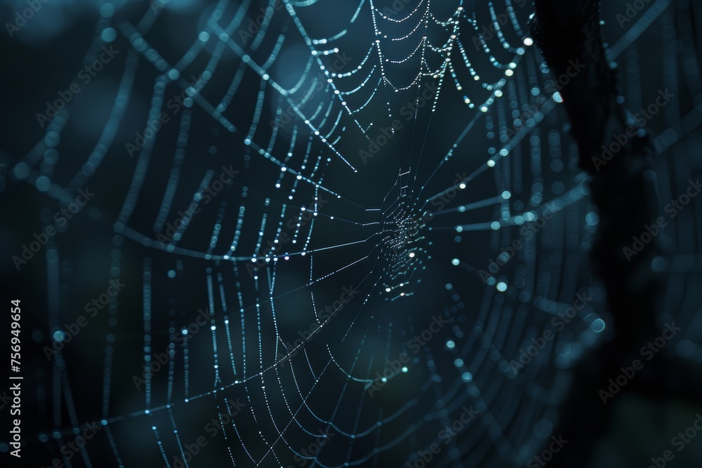 Dew-kissed spider web against a dark, mystical forest backdrop, encapsulating the beauty of nature's artistry.
Dew-kissed spider web against a dark, mystical forest backdrop, encapsulating the beauty of nature's artistry.