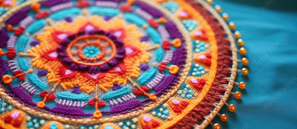 Vibrant crocheted mandala in aqua, violet, and magenta hues on a blue surface, showcasing intricate circle pattern with symmetry and motif in creative textile art