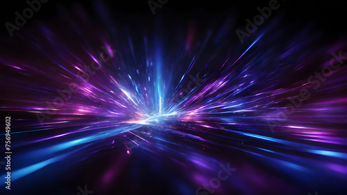 Abstract Background of Blue and violet beams of bright laser light shining on black background