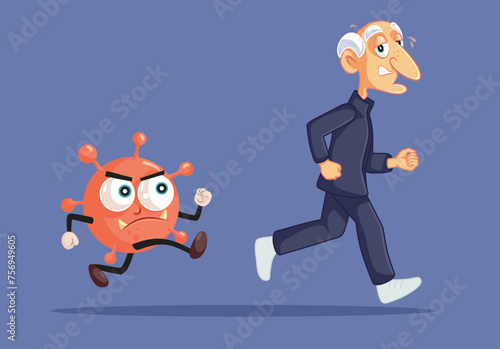 Elderly Man Running Away from Viral Disease Vector Illustration. Worried Senior grandpa trying to prevent diseases being vulnerable 
