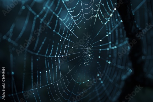 Dew-kissed spider web against a dark, mystical forest backdrop, encapsulating the beauty of nature's artistry.


