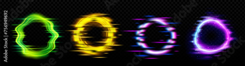 Neon glowing circle frame with glitch effect on black background. Realistic vector illustration set of ring border with tv digital light bug. Round luminous shape with video lag and noise texture.