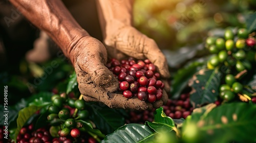Farmer hands harvesting red coffee beans on plantation. copy space for text.
