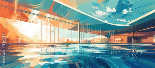 An art piece showcasing a swimming pool with azure water against a backdrop of a stunning sunset. The leisurely scene evokes a sense of tranquility and relaxation © AkuAku