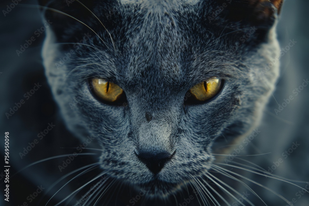 Intense gaze of a gray cat with piercing yellow eyes, offering a captivating close-up portrait with a deep and mysterious aura.

