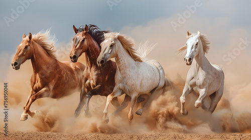 Horses with Long Mane Portrait Run Gallop in Desert  Generative Ai