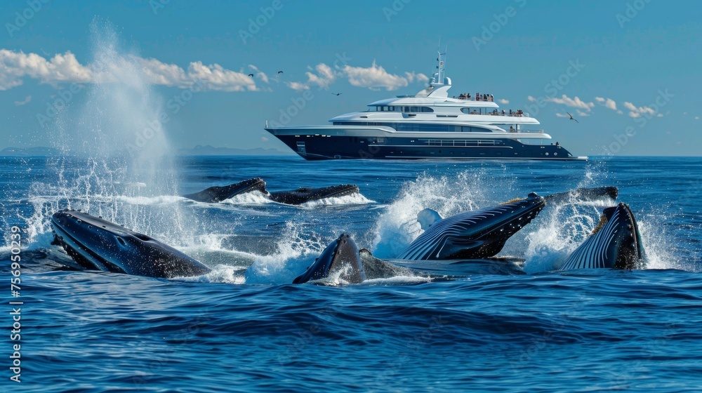 Fototapeta premium A yacht tour group watches in awe as a pod of whales breaches the ocean surface