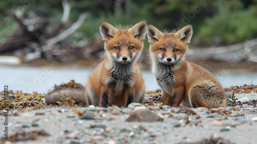 Wild Baby Red Foxes Cuddling at the Beach June 2020  Generative Ai