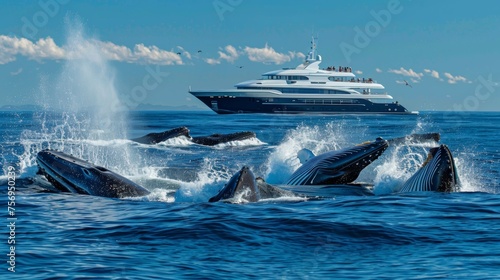 A yacht tour group watches in awe as a pod of whales breaches the ocean surface
