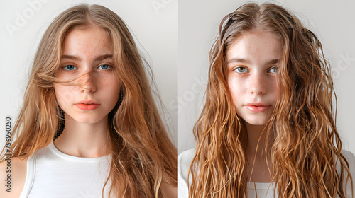 Woman Before and After Hair Treatment on White Background, Generative Ai