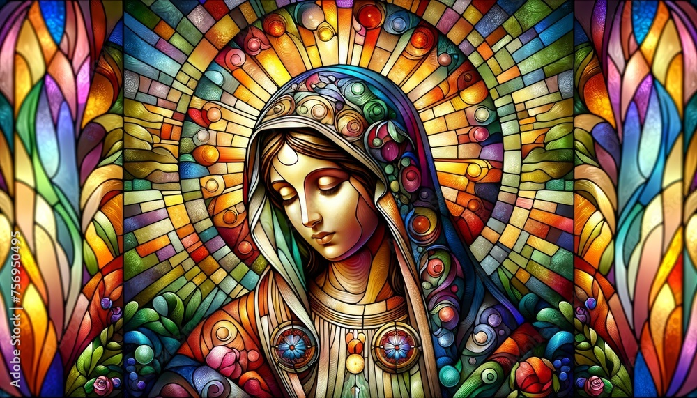 Craft a vibrant, stained glass-inspired digital artwork of the Virgin Mary, reflecting the style and spirit of the previously shared images. Craft a vibrant, stained glass-inspired digital artwork of the Virgin Mary, reflecting the style and spirit of the previously shared images.