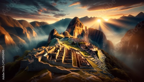 A serene and breathtaking image capturing the essence of a sunrise over the iconic ruins of Machu Picchu, Peru. photo