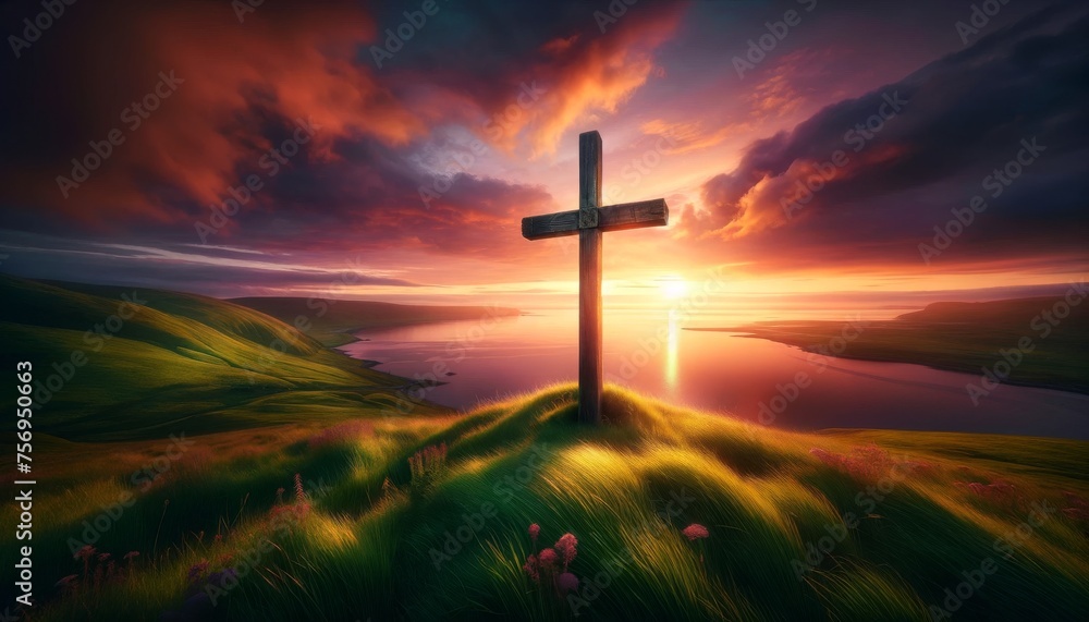 A cross standing on a hill overlooking a body of water with a sunset in the background. - obrazy, fototapety, plakaty 