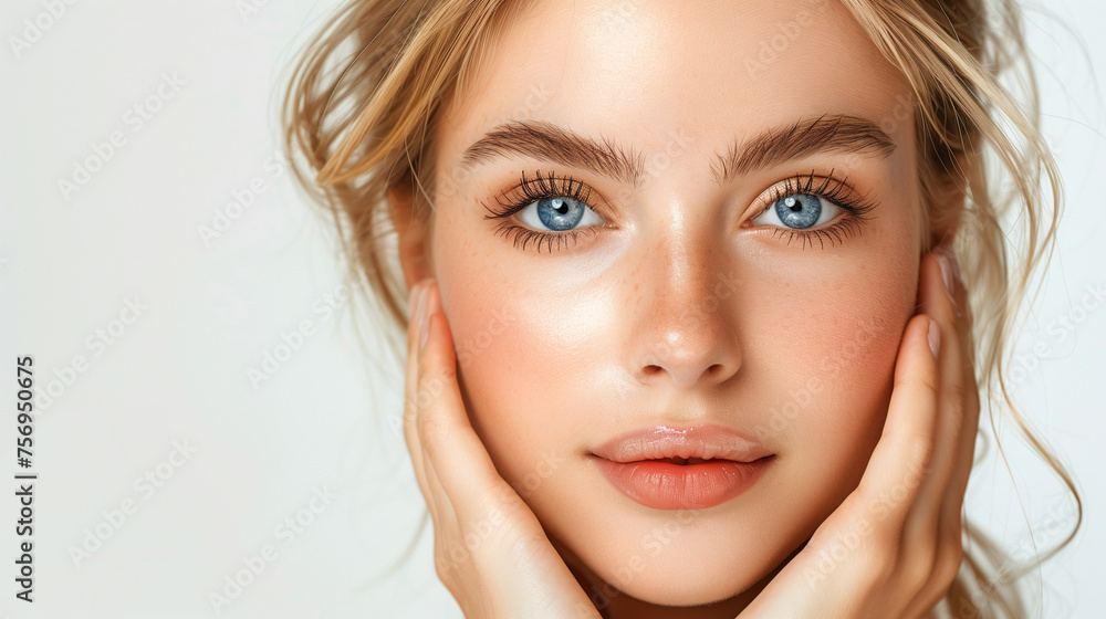 Naklejka premium Beautiful young woman closeup on face