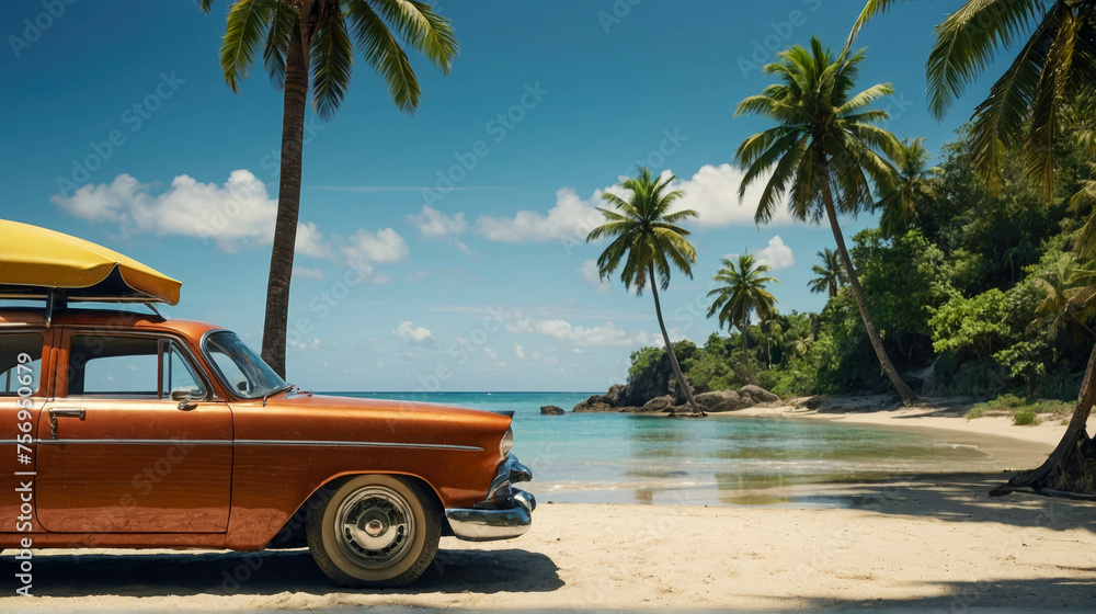 Retro car on the beach with coconut palm trees and blue sky