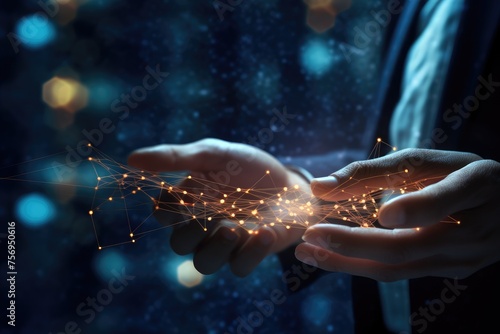 Close up of businessman hand holding connection lines on dark bokeh background AI machine learning hands ,Man holding in palm Social connection technologies, Ai generated