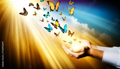 A pair of open hands releasing a multitude of butterflies, symbolizing new life and the rebirth of the soul in Christ. photo