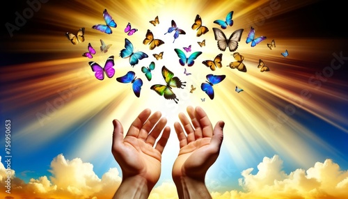 A pair of open hands releasing a multitude of butterflies, symbolizing new life and the rebirth of the soul in Christ.