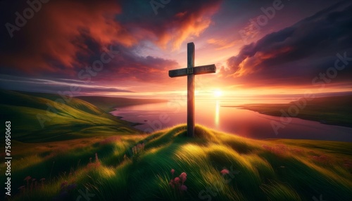 A cross standing on a hill overlooking a body of water with a sunset in the background. photo
