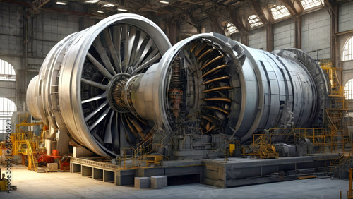 Airplane engine in the hall of a factory