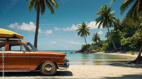 Retro car on the beach with coconut palm trees and blue sky © Aliaksandra