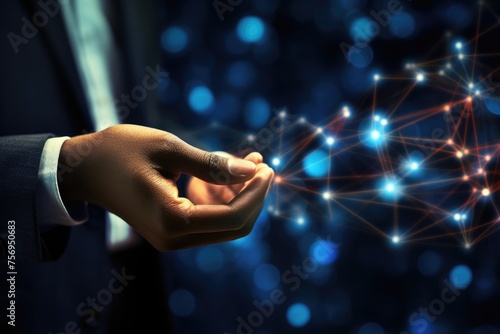 Man holding in palm Social connection technology on dark bokeh background AI machine learning hands , Man holding in palm Social connection technologies, Ai generated