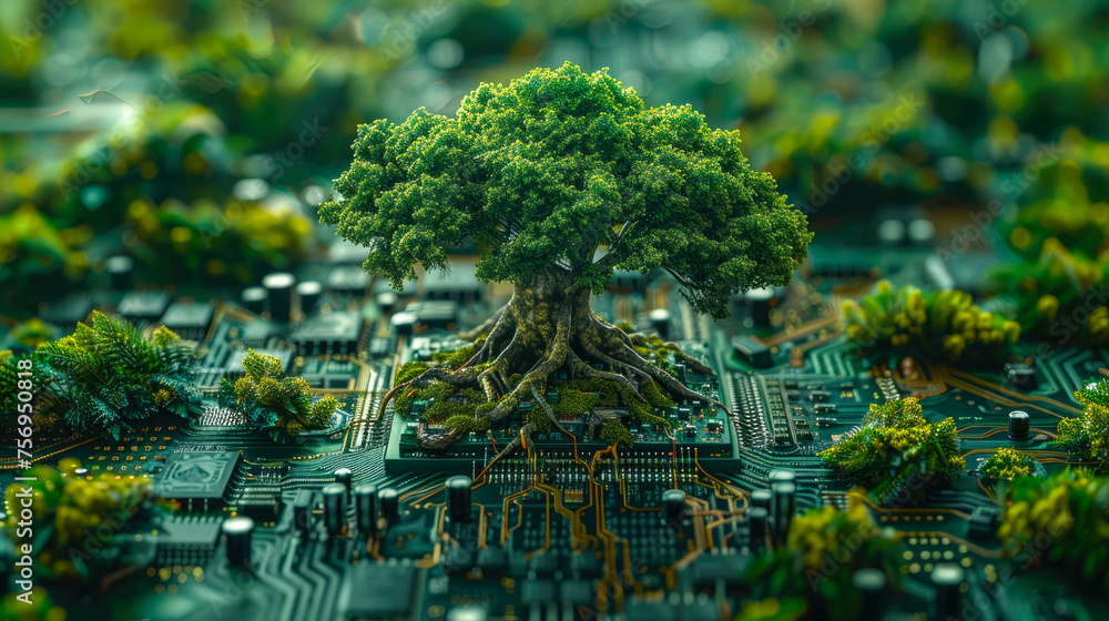 Green tree with roots on circuit board motherboard. The concept of artificial intelligence