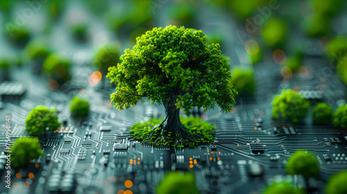 a green tree growing on a microcircuit
