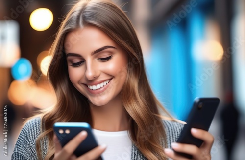 Girl using social media on her phone and smiling with copy space for your advertisemen photo