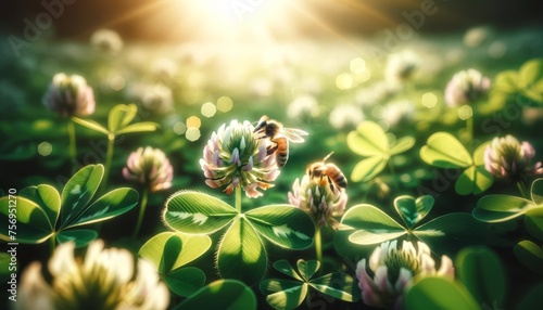 A close-up image of a clover blossom amongst the leaves, with a honeybee collecting pollen. photo