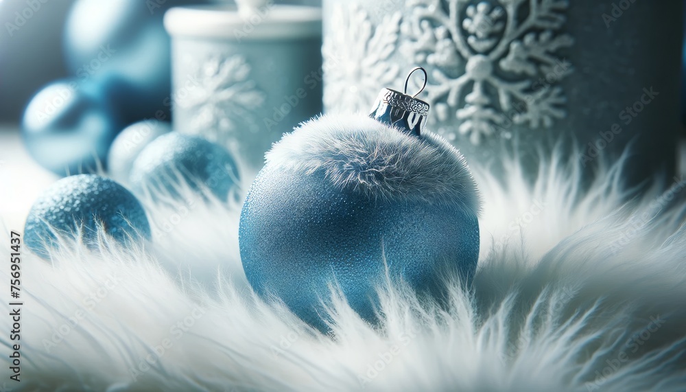 A close-up of a single blue Christmas ornament with a frosty finish, resting on a bed of soft, white faux fur to give a wintry feel. - obrazy, fototapety, plakaty 