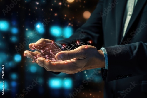 AI machine learning hands of a robot and a human touching on a big data network connection  Close up of businessman hand holding connection lines on dark bokeh background  Ai generated