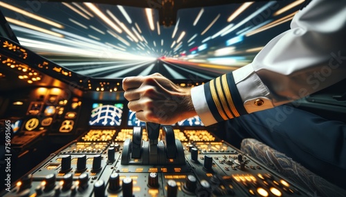 A close-up of a pilot's hand on the throttle controls during takeoff, with the runway lights speeding by outside the cockpit window. photo