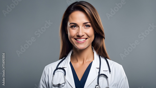 A confident female doctor looking at the camera with a smile on a solid background 