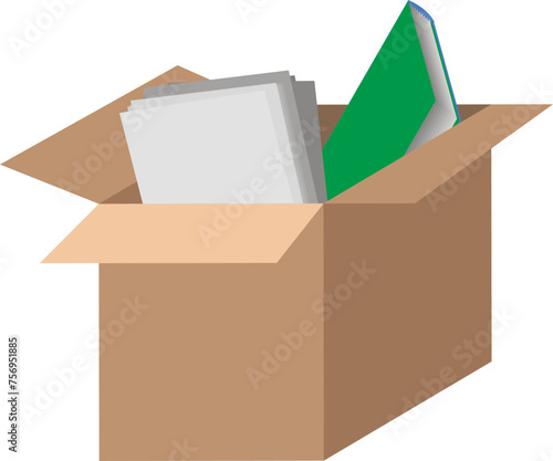 Vector single cardboard box with paper trash isolated on white background