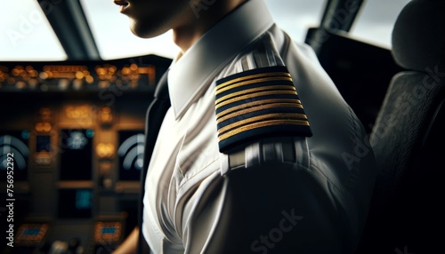 A close-up of a pilot's epaulettes and uniform, showing the stripes indicative of their rank, while sitting in the pilot seat. photo