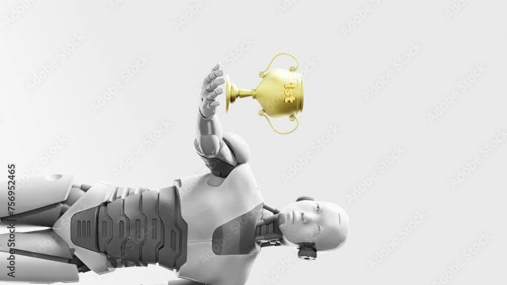 prototype humanoid cyber robot prototype holding a prize cup golden ...