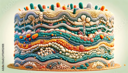 A whimsical animated art image of bacteria forming a biofilm on a surface.