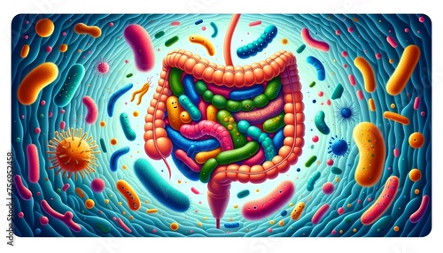 A whimsical animated art image of diverse bacteria in the human gut, highlighting their role in digestion and health. © FantasyLand86