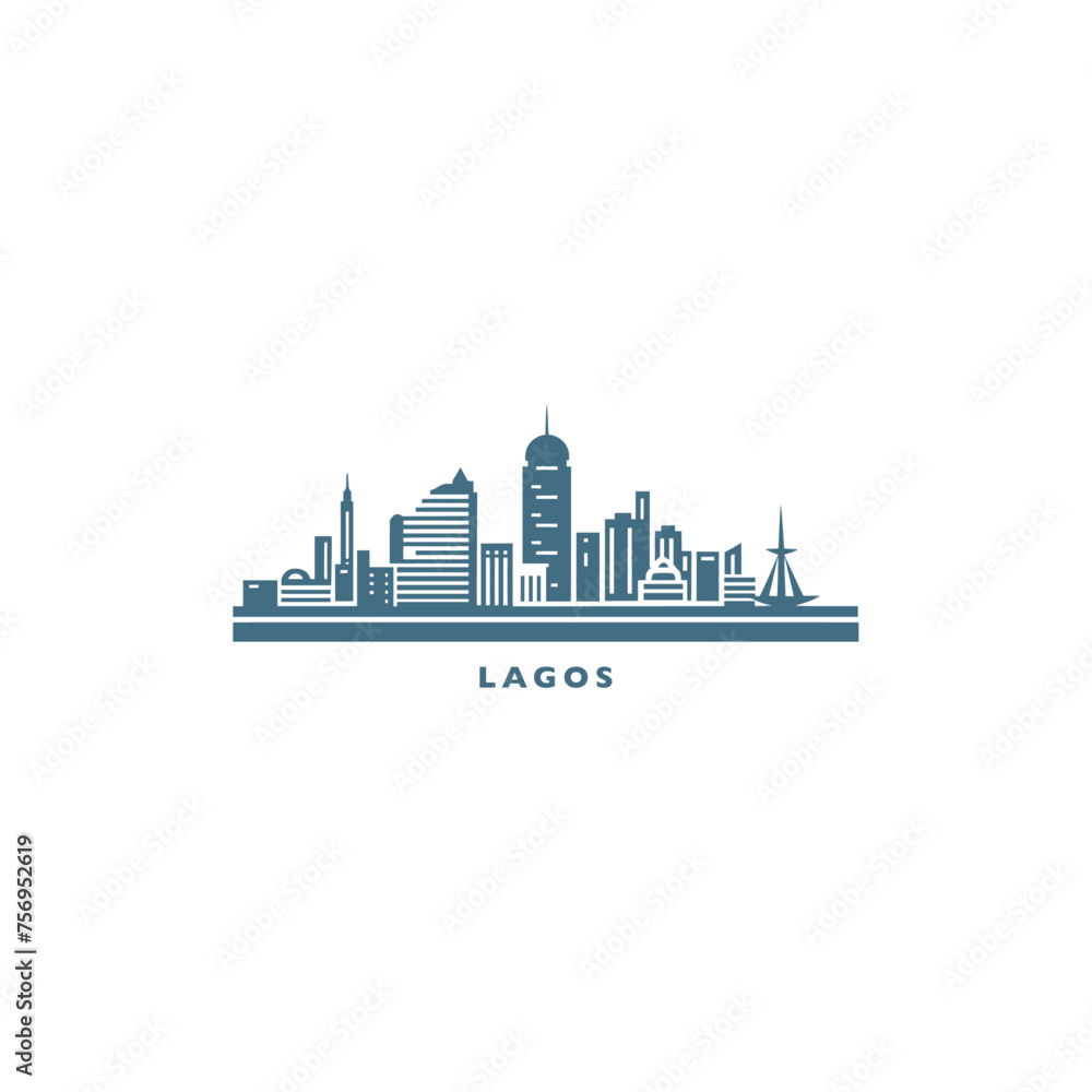 Nigeria Lagos cityscape skyline city panorama vector flat modern logo icon. Africa metropolitan emblem idea with landmarks and building silhouettes. Isolated graphic