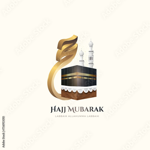 3d Hajj Mubarak Islamic pilgrimage mecca with realistic arabic calligraphy background