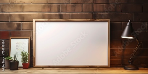 Image of a mockup poster with a blank frame placed on a wooden table, Generative ai.