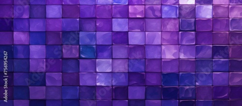 A closeup of a vibrant purple and electric blue checkered pattern on a wall. The rectangles alternate between shades of purple, violet, pink, aqua, and magenta, creating a striking piece of art