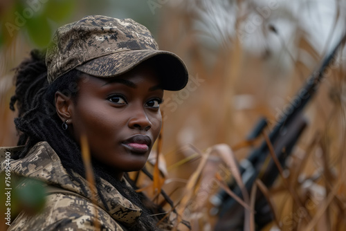 A woman in a camouflage jacket and hat holds a rifle while hiding in the grass. She appears to be hunting, showing off her skills and passion for the hobby